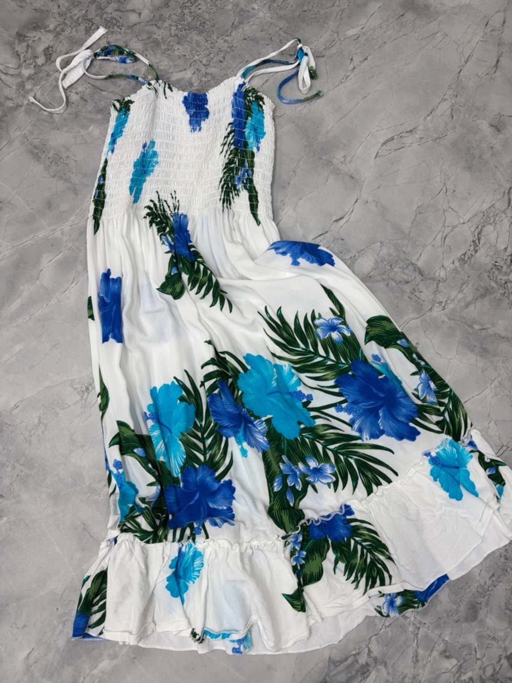 Girls Vintage Hawaiian 🌺 Sundress with Blue Hibiscus Floral Print